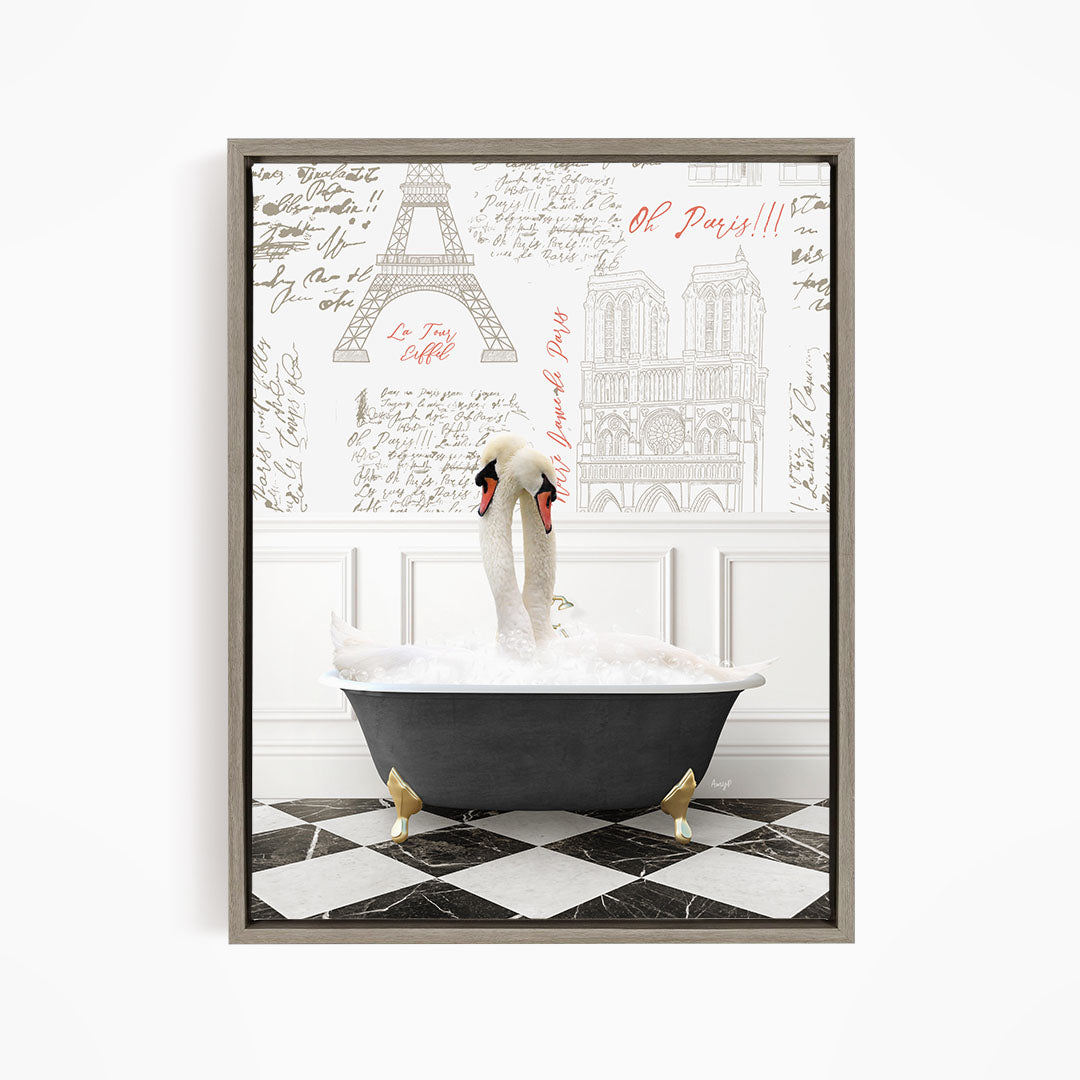 A framed image depicting two swans sitting in a bathtub, with a Paris-themed background featuring the Eiffel Tower and other Parisian landmarks.