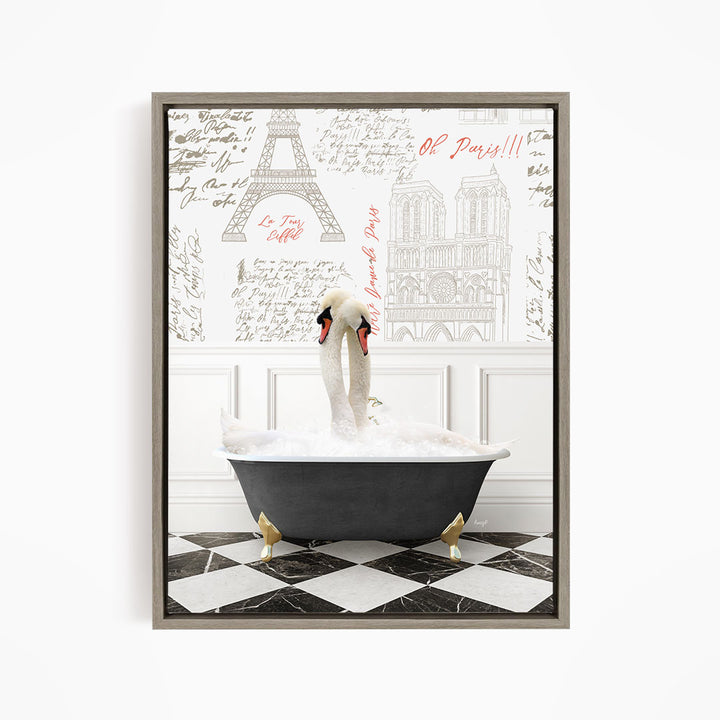 A framed image depicting two swans sitting in a bathtub, with a Paris-themed background featuring the Eiffel Tower and other Parisian landmarks.