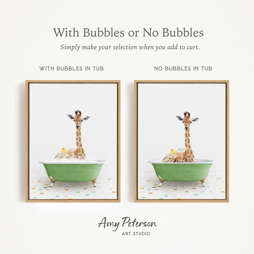The image is a collage of two framed pictures, each depicting a giraffe sitting in a green bathtub. The text above the images reads "With Bubbles or No Bubbles" and below the images, it says "Simply make your selection when you add to cart."