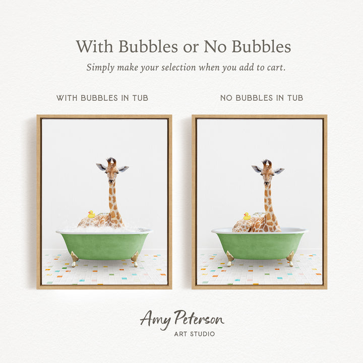 The image is a collage of two framed pictures, each depicting a giraffe sitting in a green bathtub. The text above the images reads "With Bubbles or No Bubbles" and below the images, it says "Simply make your selection when you add to cart."