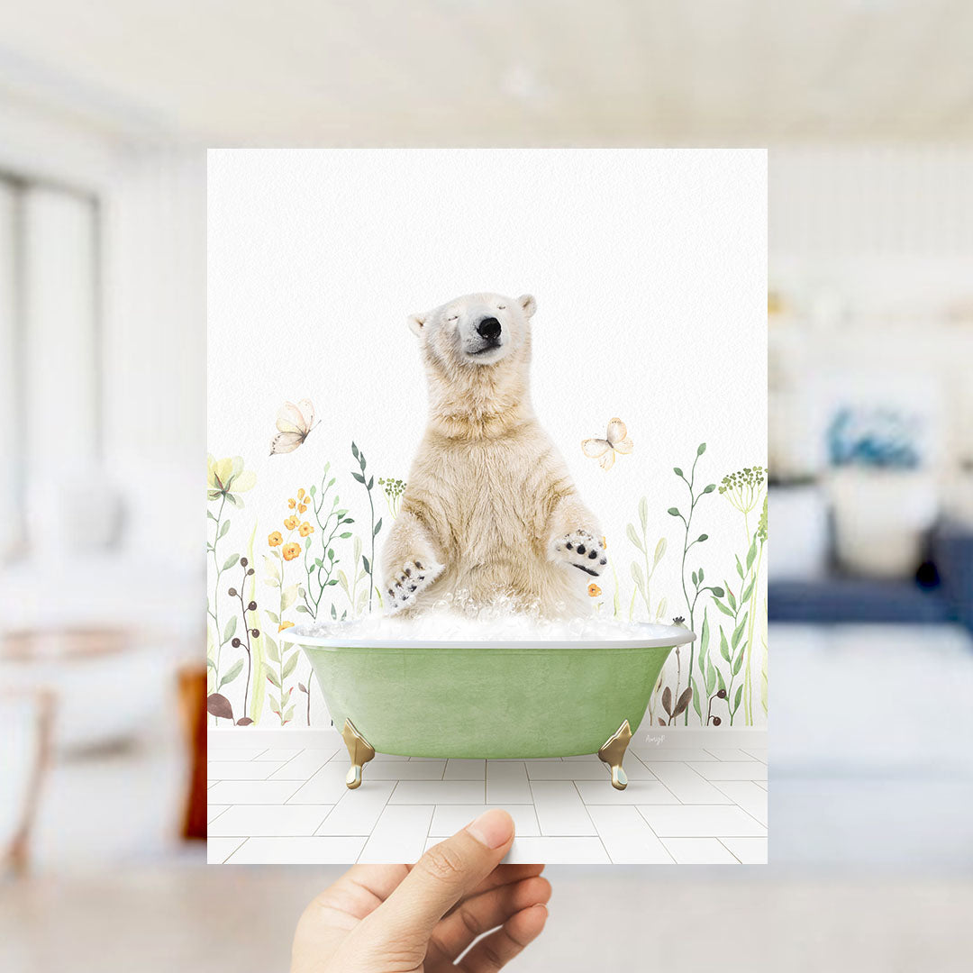 A polar bear sitting in a green bathtub filled with bubbles, surrounded by flowers and butterflies.
