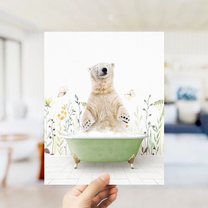 A polar bear sitting in a green bathtub filled with bubbles, surrounded by flowers and butterflies.