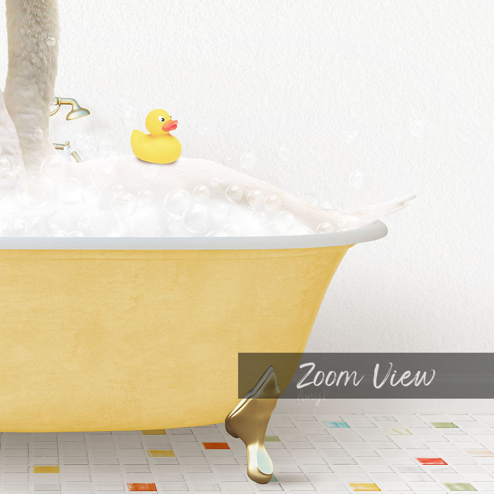 A yellow bathtub filled with bubbles, with a rubber duck sitting on top.