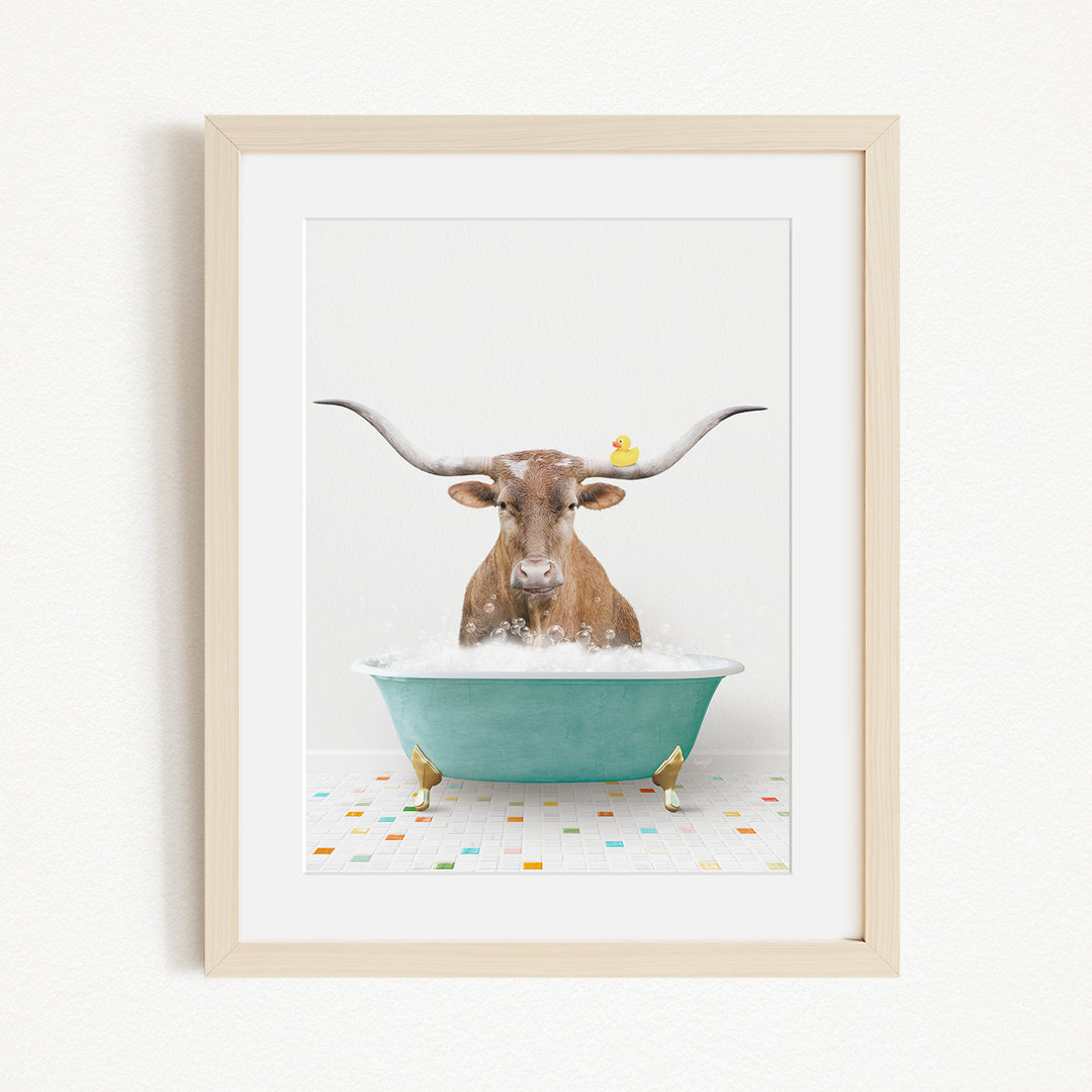 A brown cow with large horns is sitting in a blue bathtub, surrounded by small yellow birds.