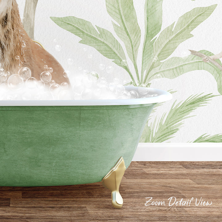 A green clawfoot bathtub filled with bubbles, with a palm tree wallpaper in the background.