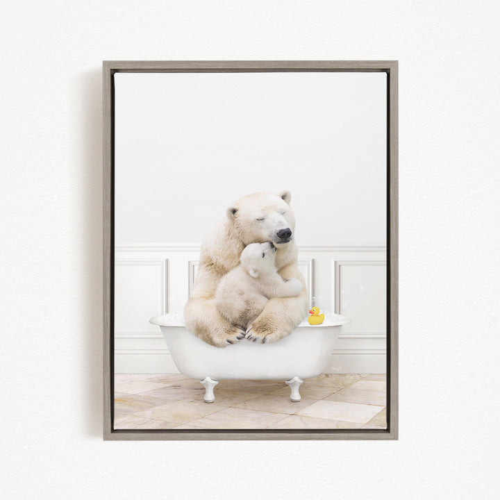 A mother polar bear and her cub sitting together in a bathtub, with a rubber duck floating in the water.