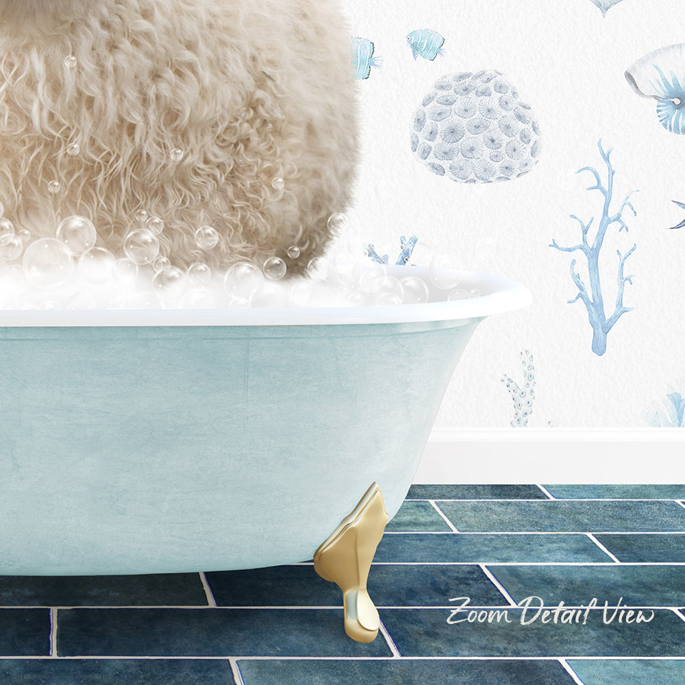 A fluffy white dog is sitting in a bathtub filled with bubbles, with a blue and white underwater wallpaper in the background.