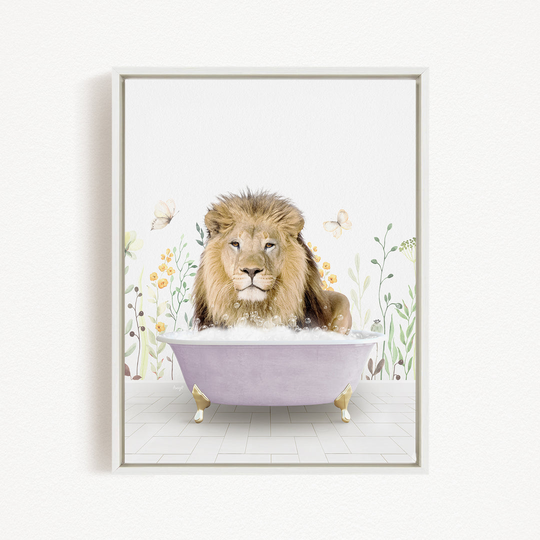 A lion is sitting in a bathtub filled with water, surrounded by flowers and butterflies.