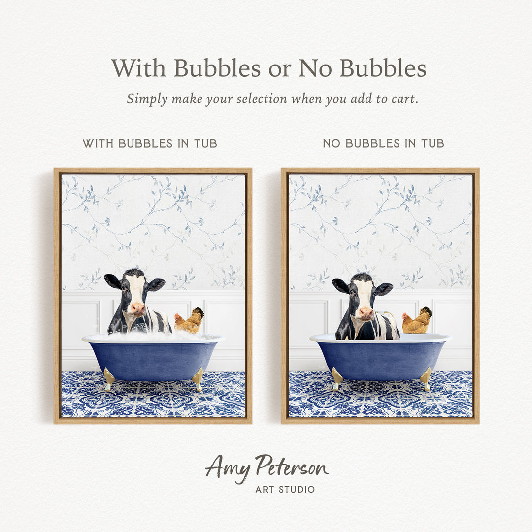 The image is a collage of two framed pictures depicting a cow and a chicken in a blue bathtub. The cow is sitting in the tub with bubbles, while the chicken is sitting in the tub without bubbles. The text above the images reads "With Bubbles or No Bubbles Simply make your selection when you add to cart."
