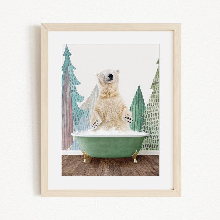 A polar bear is sitting in a green bathtub, surrounded by a forest-themed background.