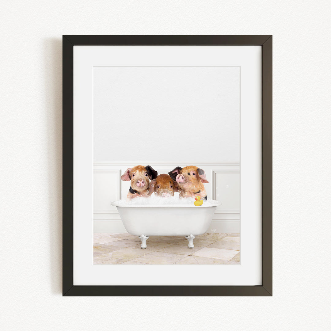 Three adorable pigs sitting in a white bathtub, enjoying a relaxing bath together.