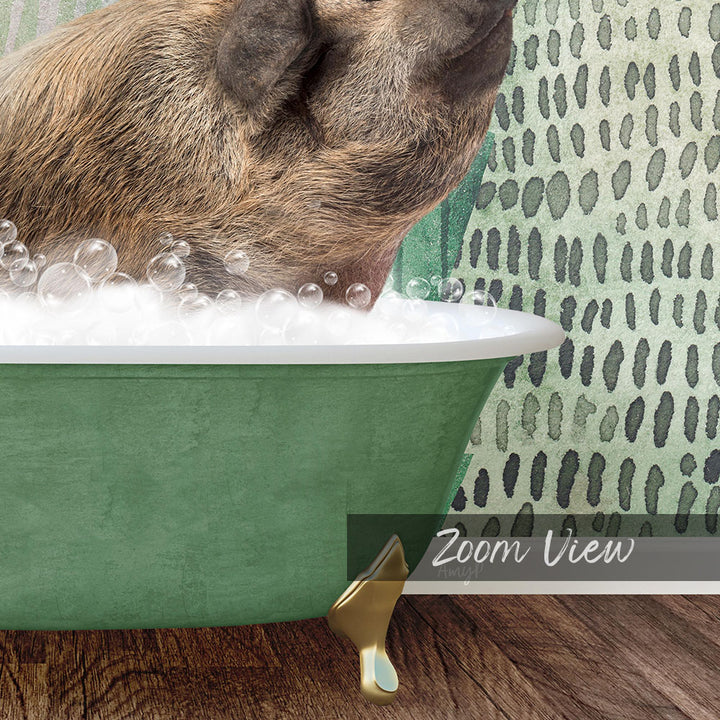 A brown pig is sitting in a green bathtub filled with bubbles, appearing to enjoy a relaxing bath.
