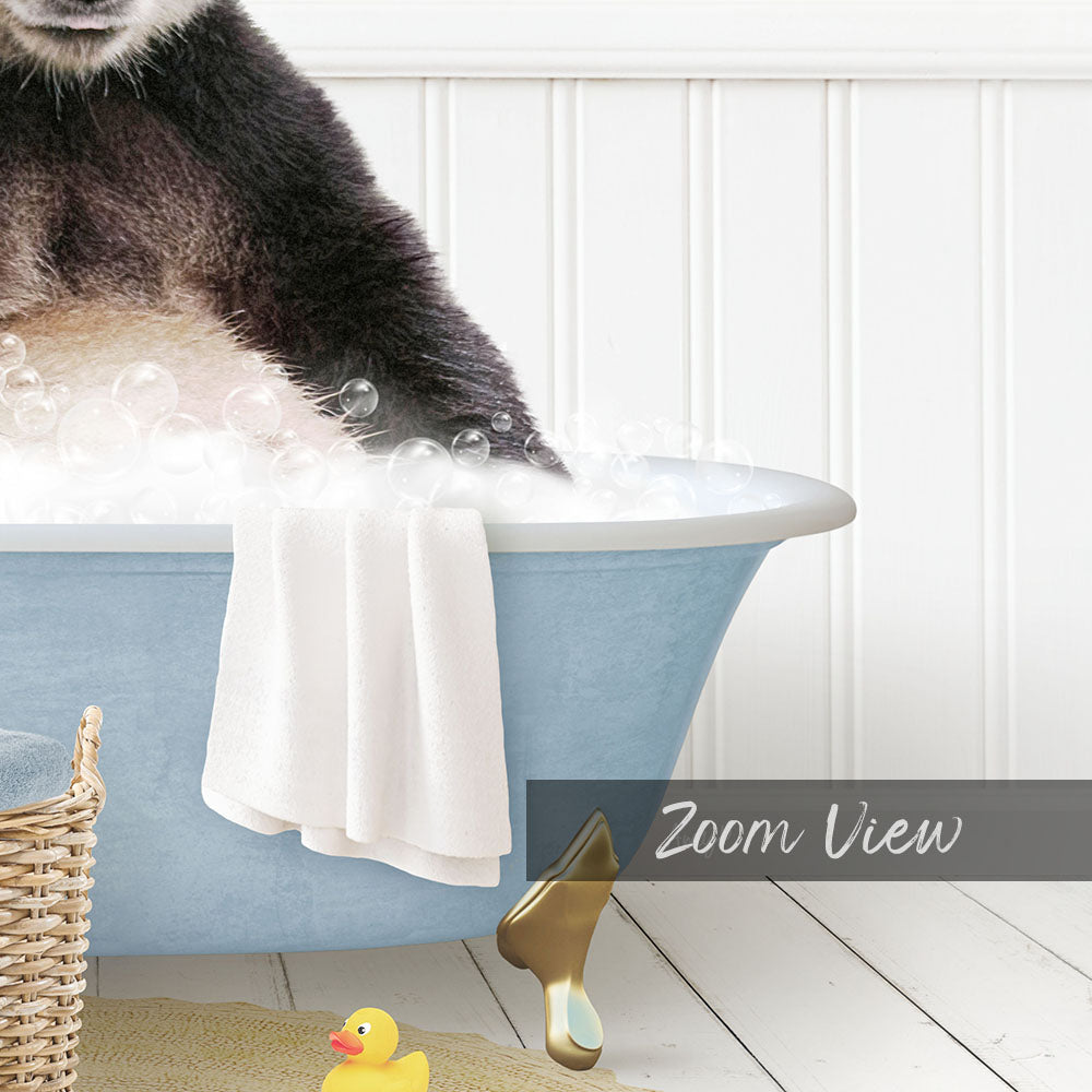 A cat sitting in a blue bathtub filled with bubbles, with a yellow rubber duck nearby.