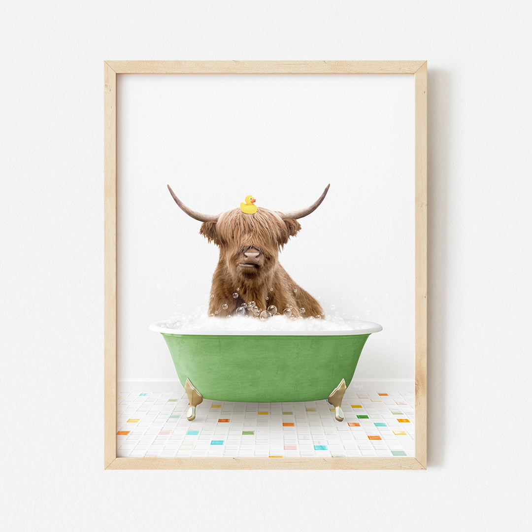 a picture of a brown cow in a green bathtub