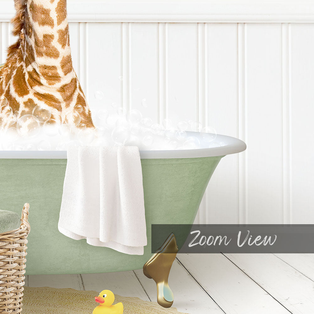 A giraffe standing in a bathtub filled with water, surrounded by a towel, rubber duck, and a basket.