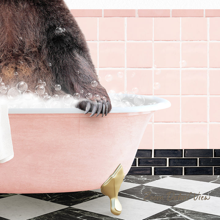A close-up of a bear's paw in a pink bathtub filled with bubbles, with a pink tiled wall in the background.