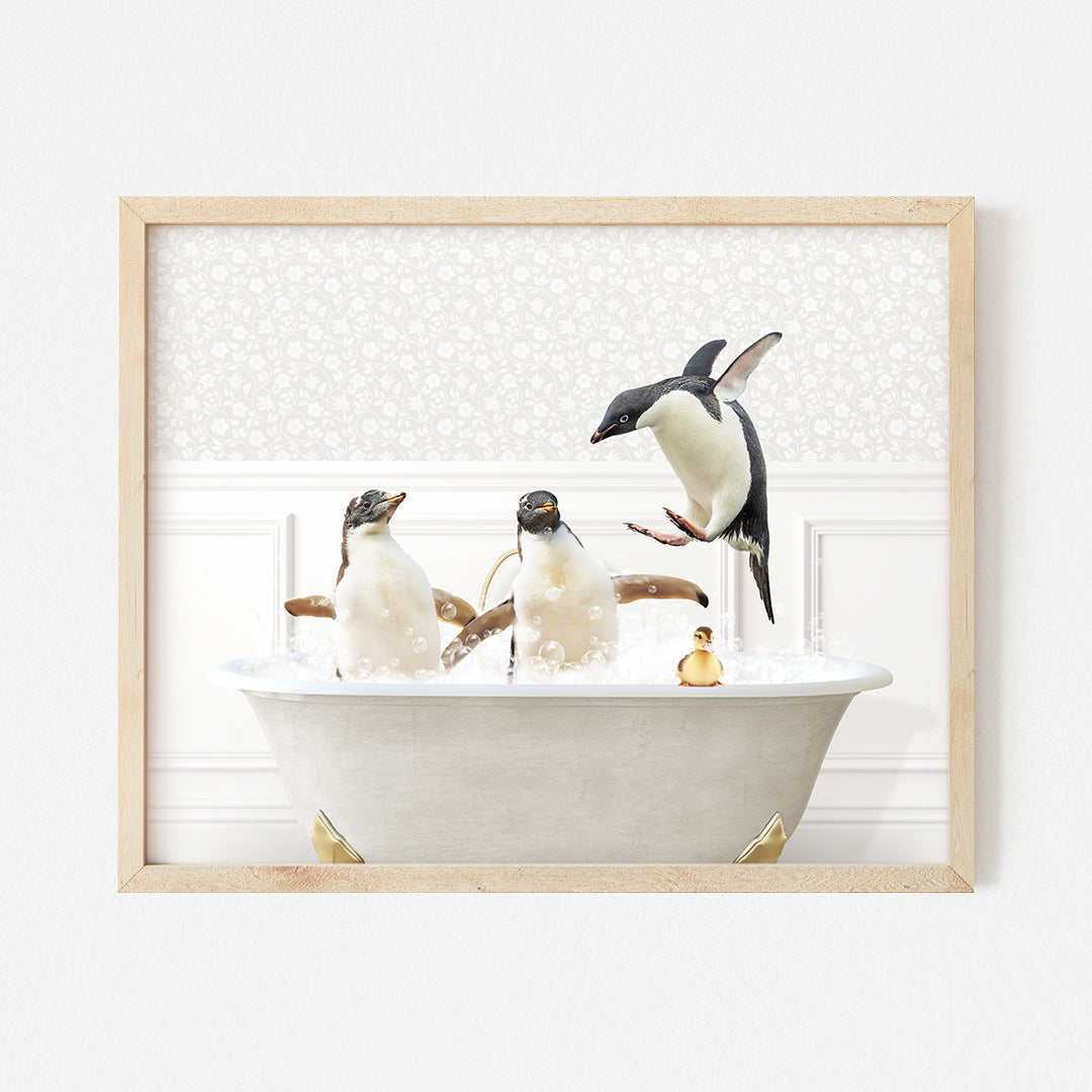 a picture of three penguins in a bathtub