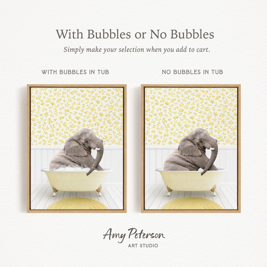 The image is a collage of two pictures, each featuring a gray elephant sitting in a bathtub. The elephant is surrounded by a yellow and white patterned wallpaper, creating a whimsical and playful atmosphere. The collage is titled "With Bubbles or No Bubbles" and is created by Amy Peterson from Art Studio.