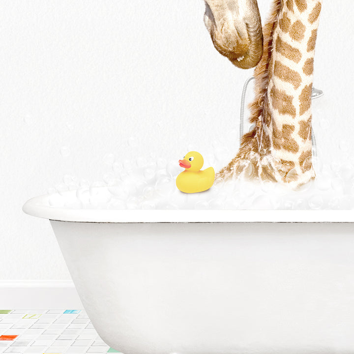 a giraffe sticking its head in a bathtub with a rubber duck