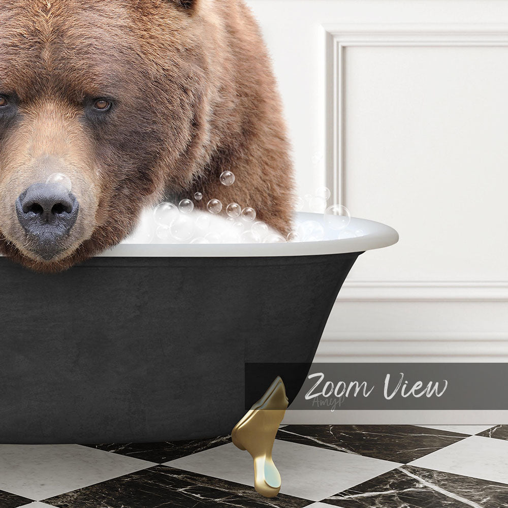 A large brown bear is sitting in a bathtub filled with bubbles, appearing to enjoy a relaxing bath.