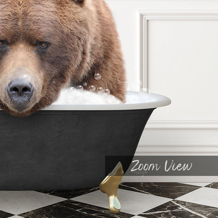 A large brown bear is sitting in a bathtub filled with bubbles, appearing to enjoy a relaxing bath.
