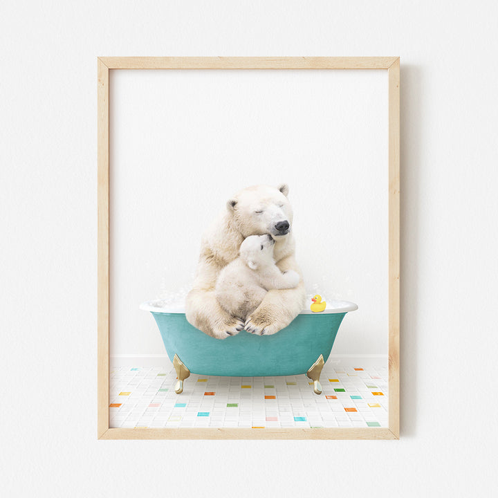 a picture of a polar bear and her cub in a bathtub