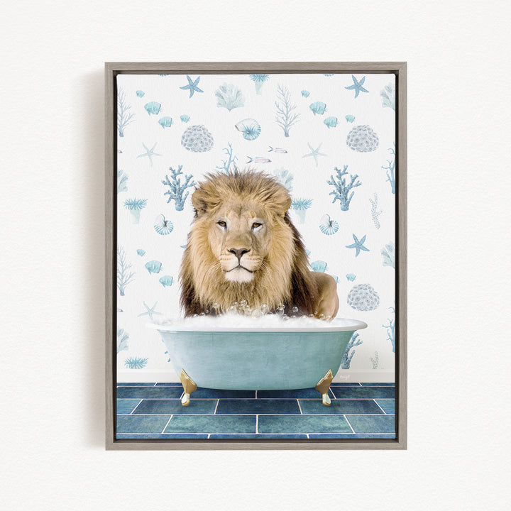 A lion is sitting in a bathtub filled with bubbles, surrounded by a blue and white patterned wallpaper.