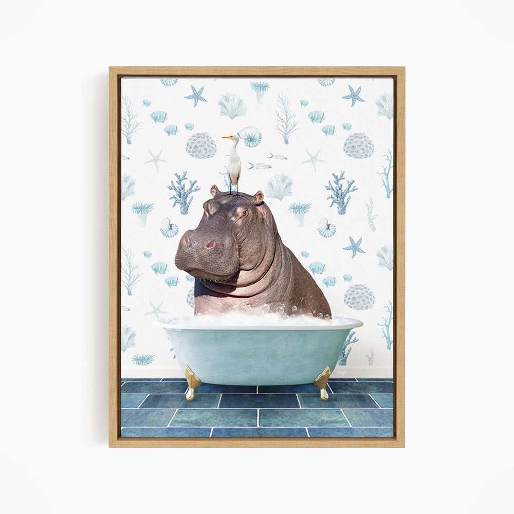 A framed image depicting a hippopotamus sitting in a bathtub, with a seagull perched on its head.