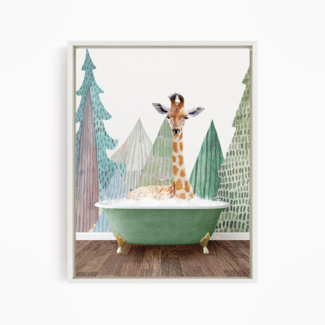 A giraffe is sitting in a green bathtub, surrounded by trees with a forest-like appearance.