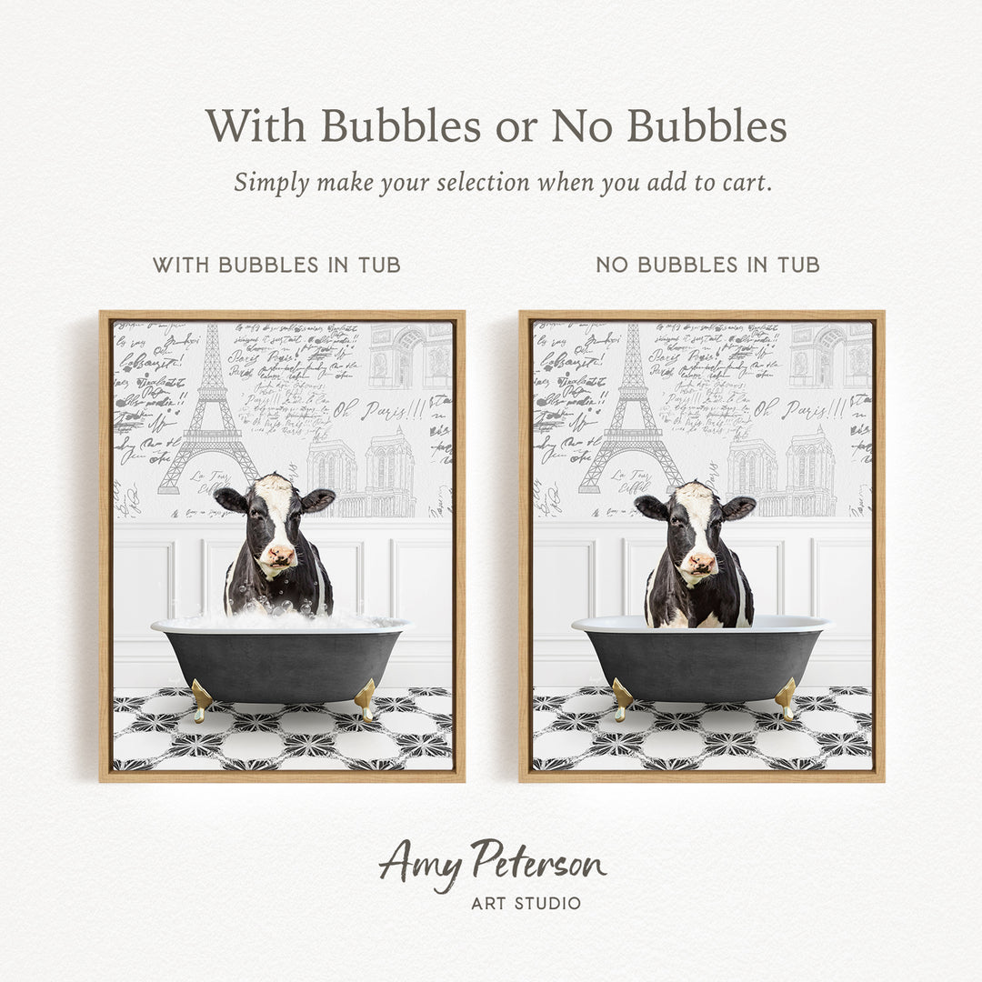The image is a collage of two framed pictures, each depicting a cow sitting in a bathtub. The cow in the bathtub has bubbles, while the other cow does not have bubbles. The collage is titled "With Bubbles or No Bubbles" and is created by Amy Peterson from Art Studio.
