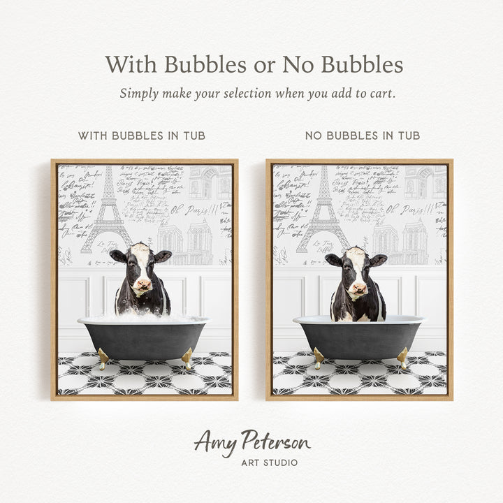 The image is a collage of two framed pictures, each depicting a cow sitting in a bathtub. The cow in the bathtub has bubbles, while the other cow does not have bubbles. The collage is titled "With Bubbles or No Bubbles" and is created by Amy Peterson from Art Studio.