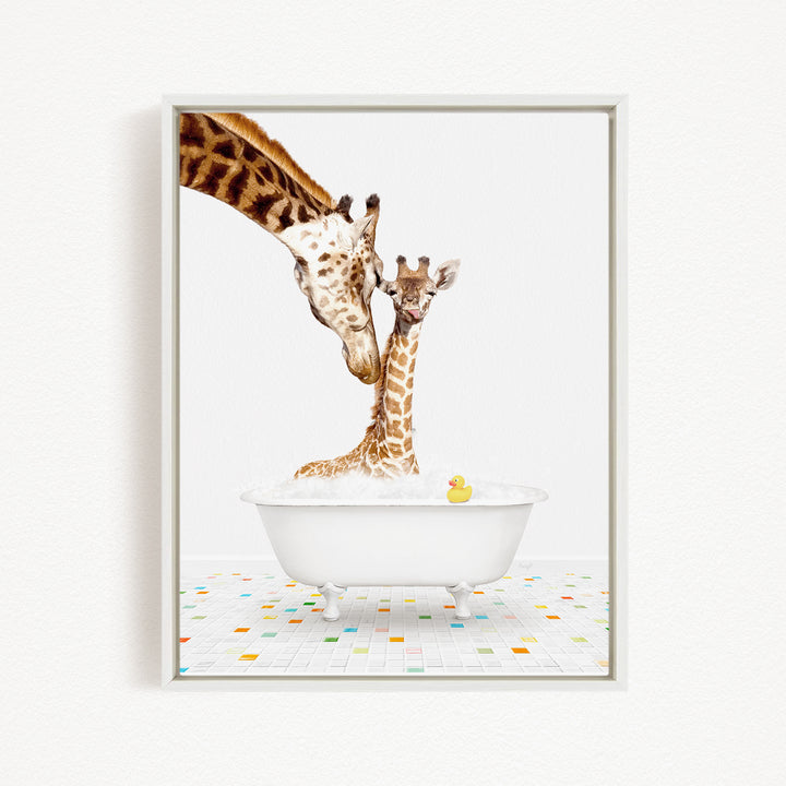 A mother giraffe and her baby giraffe are enjoying a bath together in a white bathtub, with a yellow rubber duck floating in the water.