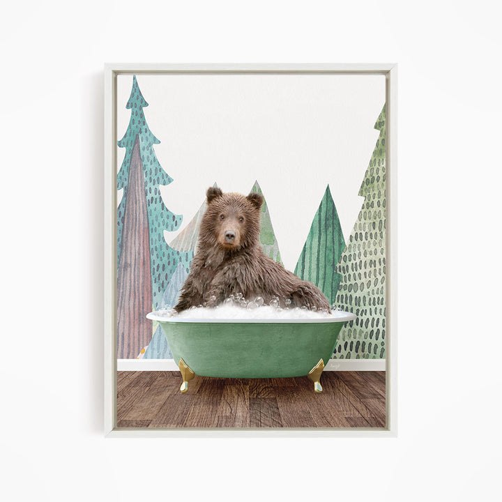 A brown bear is sitting in a green bathtub, surrounded by a forest scene with trees and a cloudy sky.