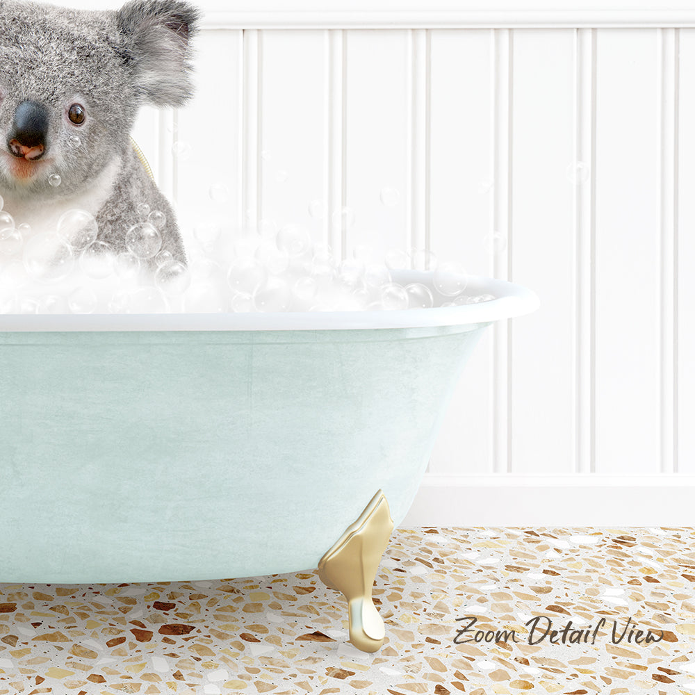 A koala sitting in a bathtub filled with bubbles, with a text overlay that reads "Zoom Detail View".