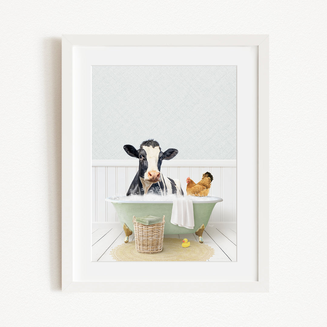 A black and white cow is sitting in a green bathtub filled with water, surrounded by a chicken and a duck.