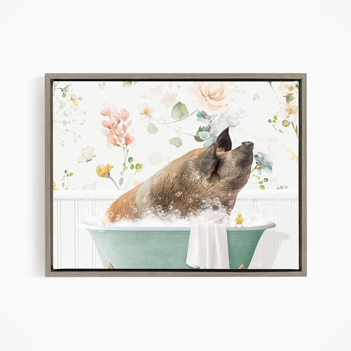 A brown dog is sitting in a green bathtub filled with bubbles, surrounded by a floral pattern.