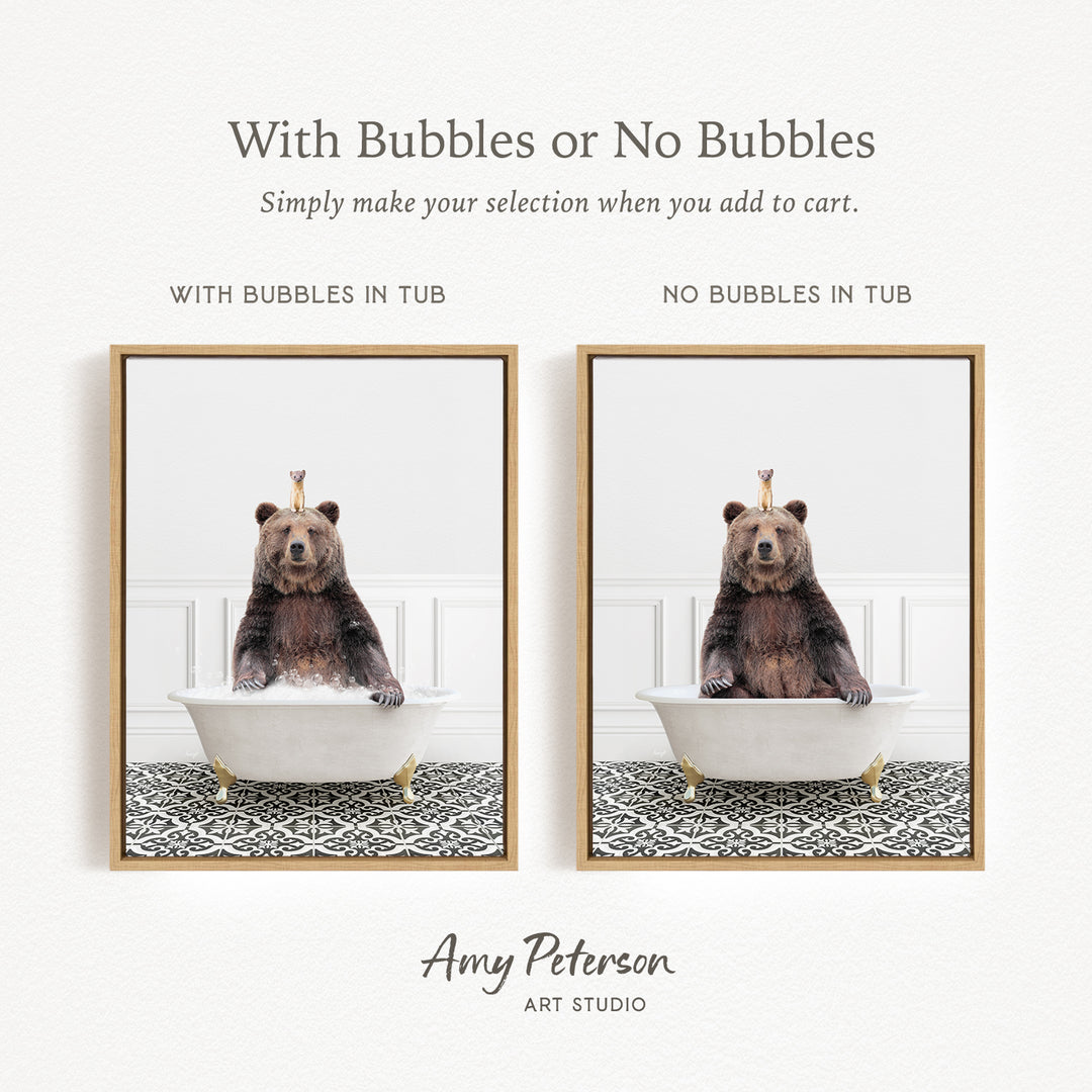 The image is a collage of two pictures featuring a bear sitting in a bathtub. The bear is sitting on a white bathtub with a gold rim, and it appears to be enjoying the bath. The bear is also wearing a crown on its head. The collage includes two different frames, one with bubbles in the tub and the other without bubbles in the tub. The text above the images reads "With Bubbles or No Bubbles" and "Simply make your selection when you add to cart."