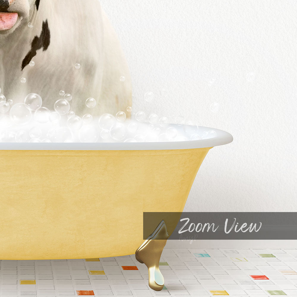 A dog is standing in a yellow bathtub filled with bubbles, with a text overlay that reads "Zoom View".