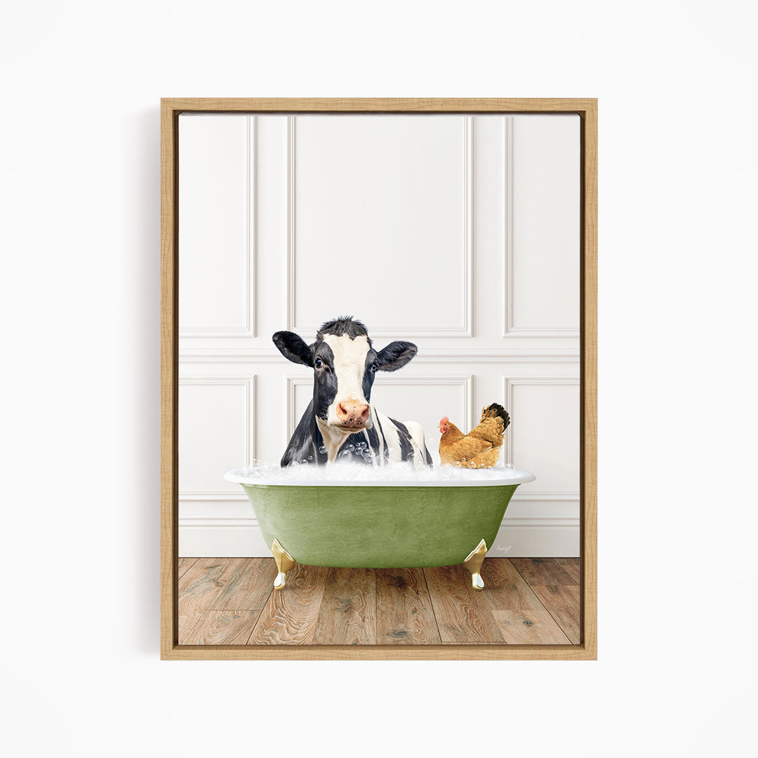 A black and white cow is sitting in a green bathtub, with a chicken standing nearby, in a white-walled room.