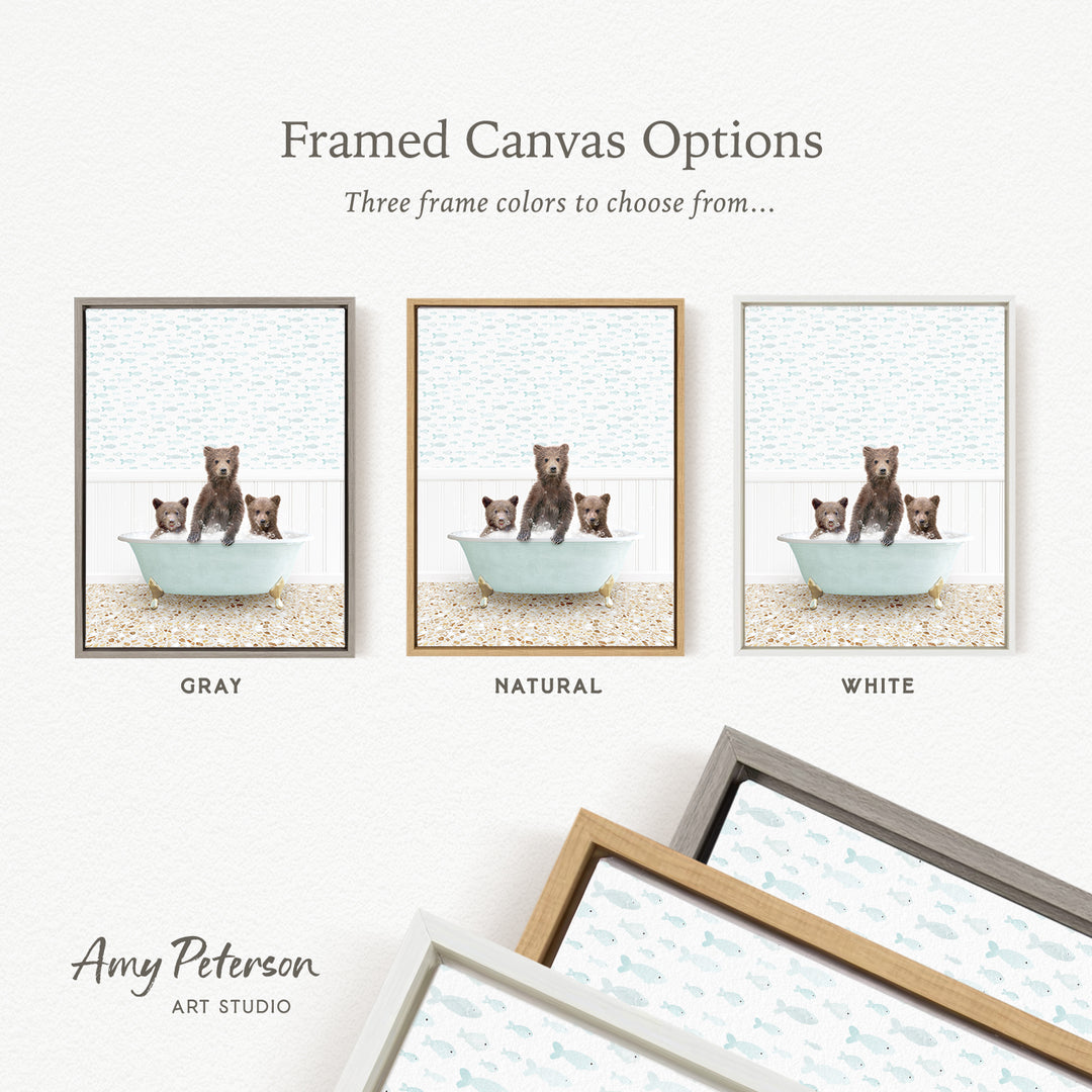 The image is a framed canvas option showcasing three different framed canvas options for a painting of bears in a bathtub.