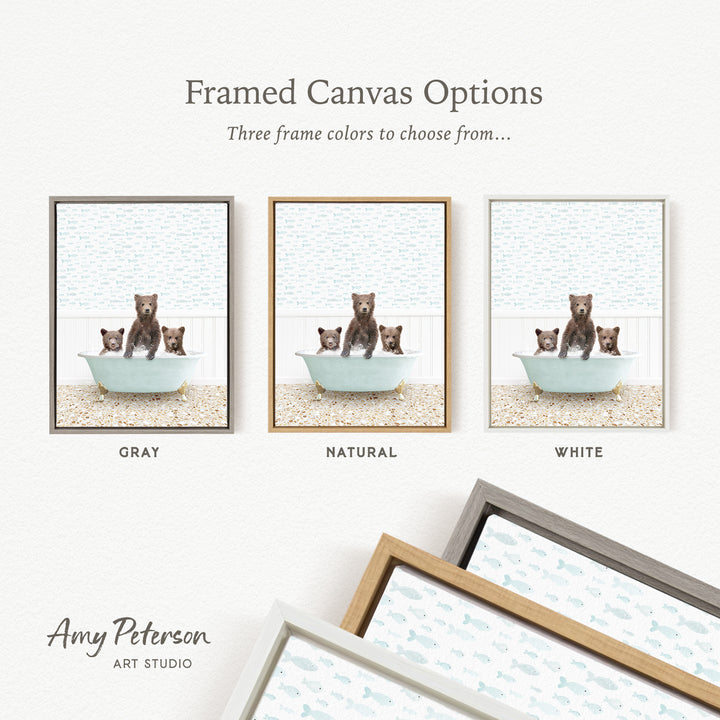 The image is a framed canvas option showcasing three different framed canvas options for a painting of bears in a bathtub.