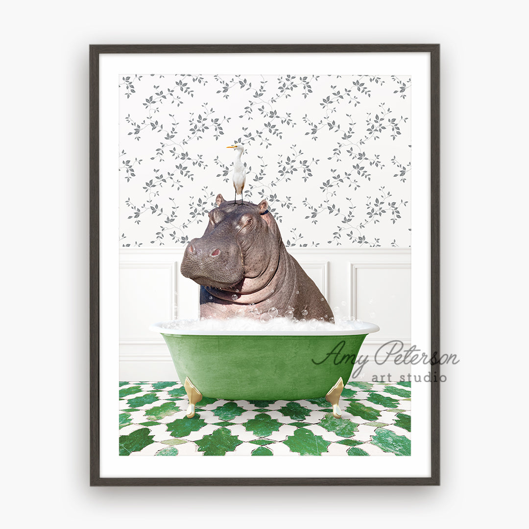 a hippo in a bathtub with a bird on top of it