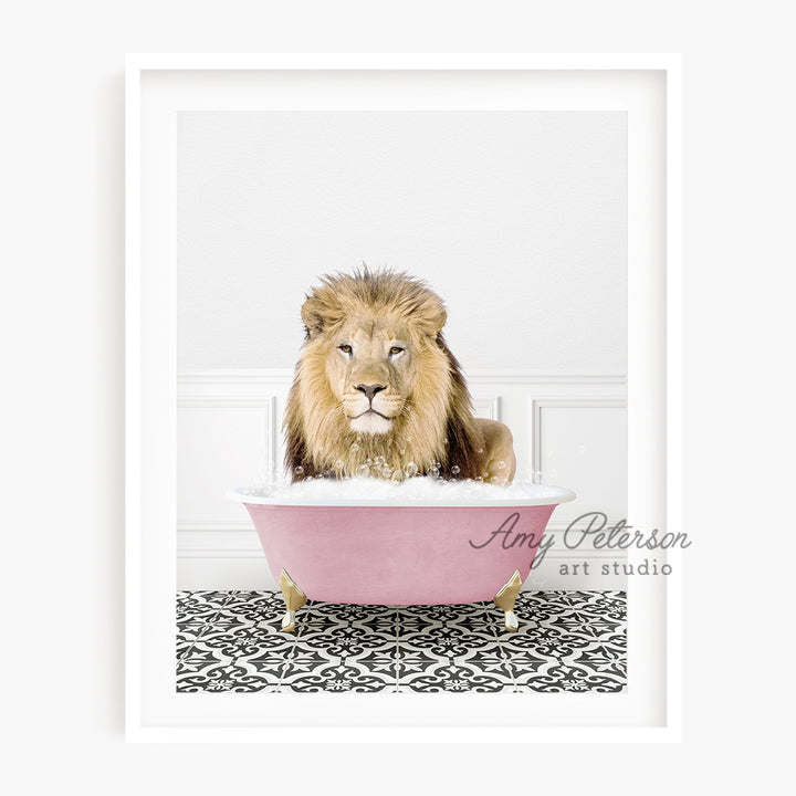 a lion sitting in a pink bath tub