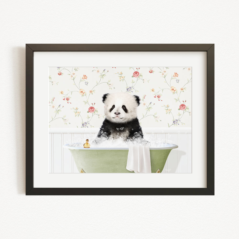 A panda bear sitting in a green bathtub filled with bubbles, surrounded by a floral wallpaper.