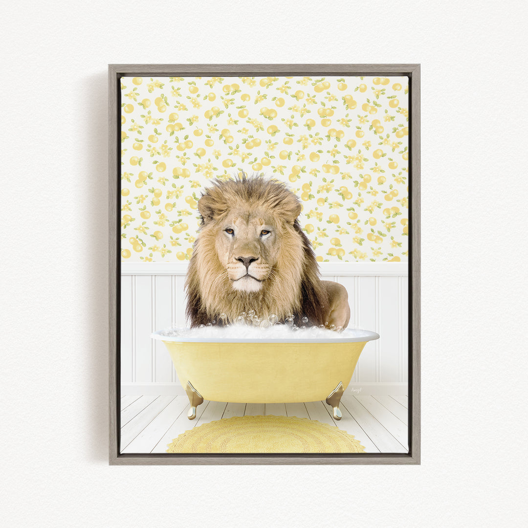 A lion is sitting in a yellow bathtub filled with water, surrounded by a yellow and white floral patterned wall.