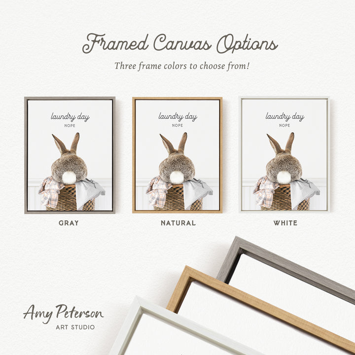 three framed canvas options, each featuring a different color and frame style, including a gray, natural, and white frame.