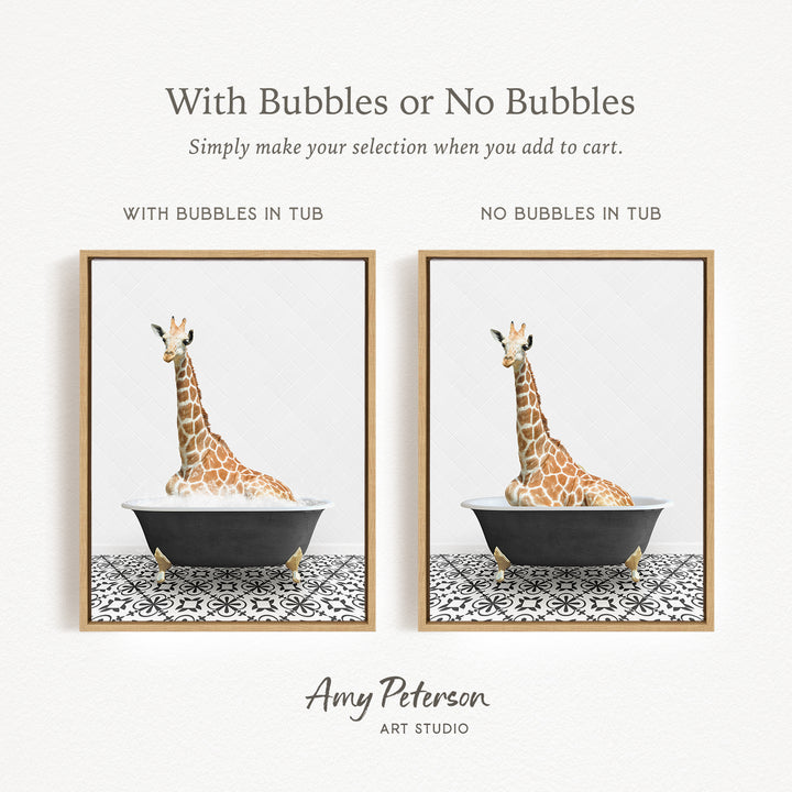 The image is a framed print featuring a giraffe sitting in a bathtub, with the text "With Bubbles or No Bubbles" above the images.