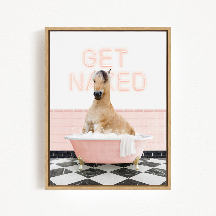 A horse sitting in a pink bathtub, with the words "GET NAKED" written in neon pink letters above it.