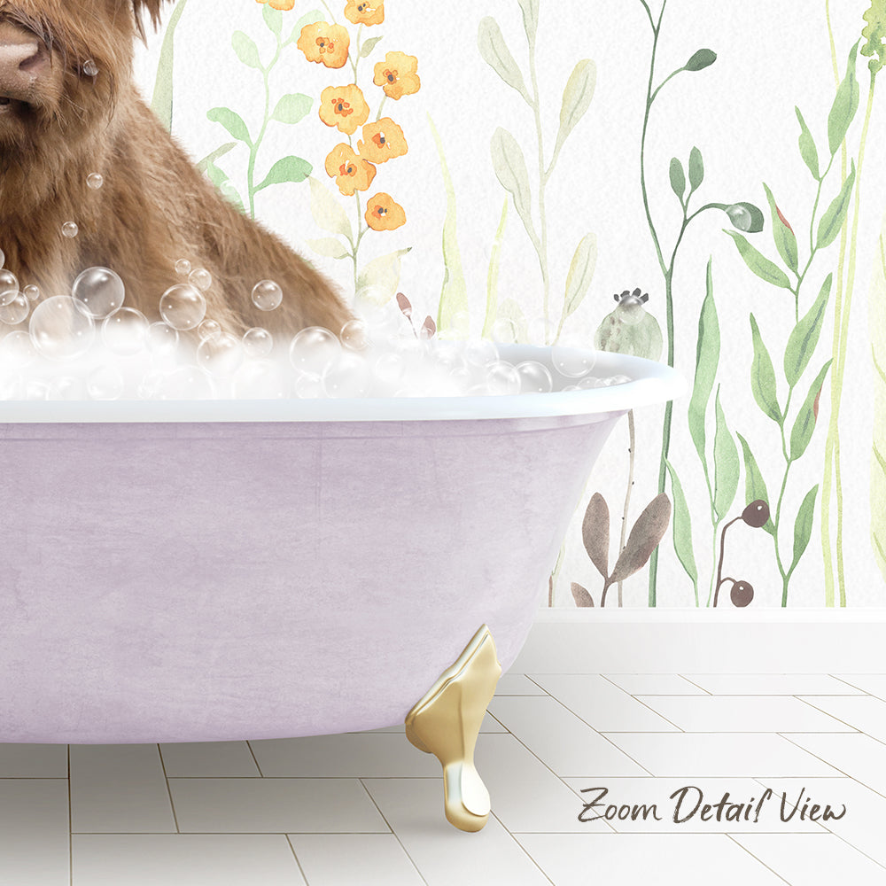 A brown dog is sitting in a pink bathtub filled with bubbles, surrounded by a floral wallpaper.