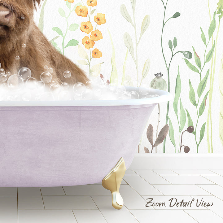 A brown dog is sitting in a pink bathtub filled with bubbles, surrounded by a floral wallpaper.